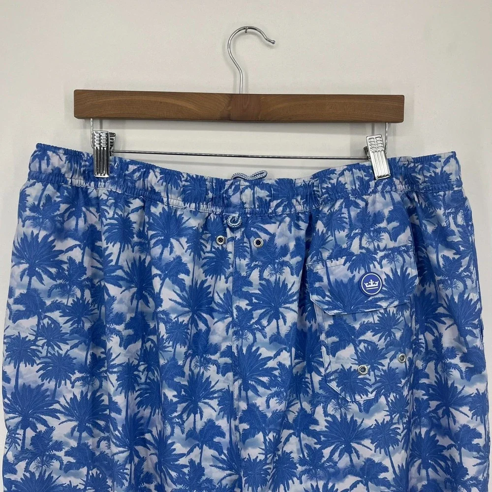 Peter Millar Seaside Swim Trunks‎ Men's 2XL Blue Palm Trees Elastic Waist